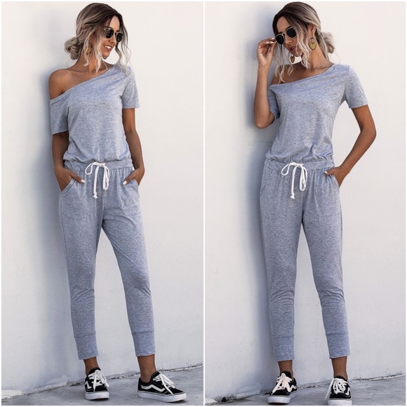 off shoulder waist tie pocket jumpsuit charcoal - Picture 2 of 9